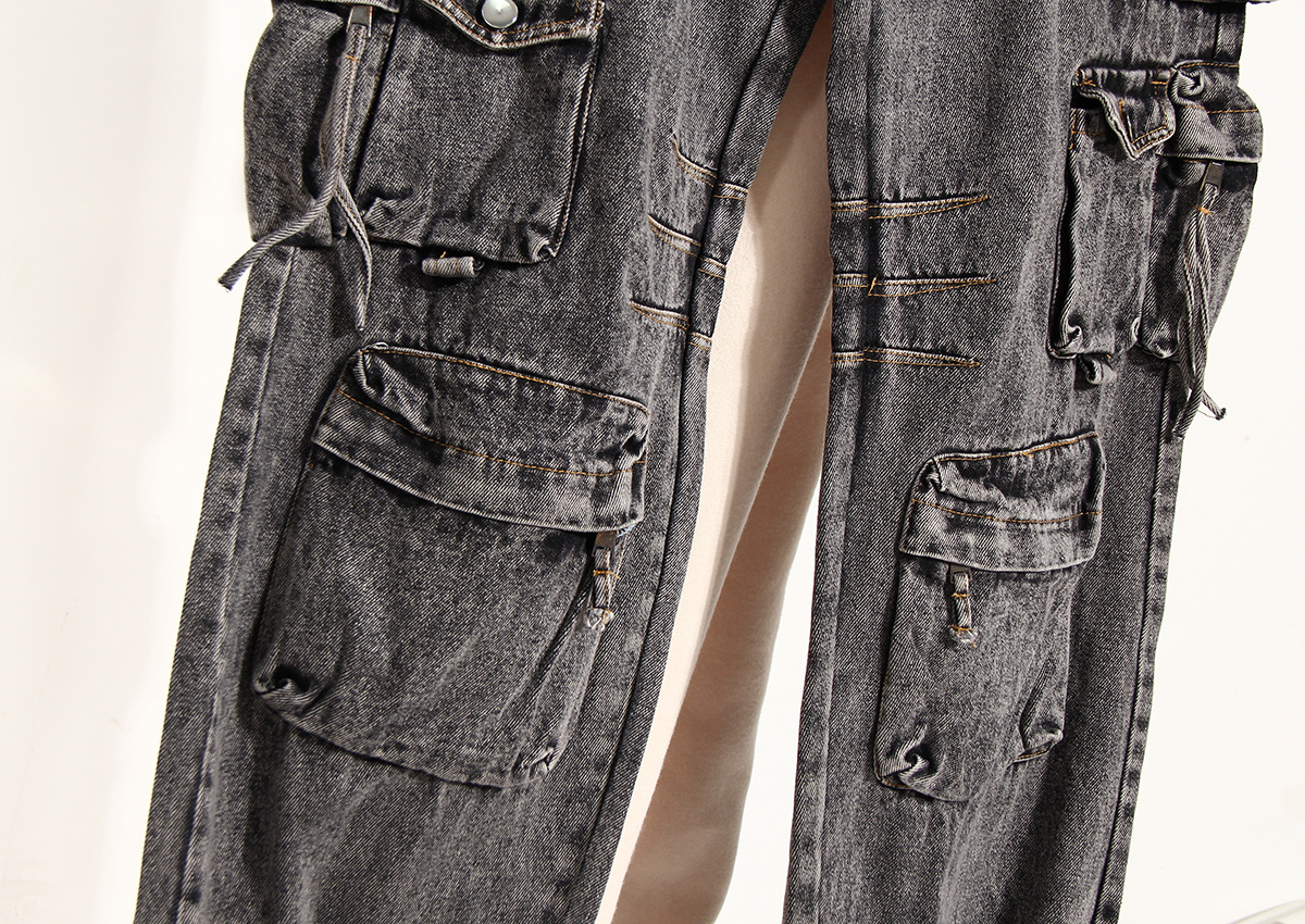 Versatile wear and overalls, multi-pocket wash water to make old wide-leg pants