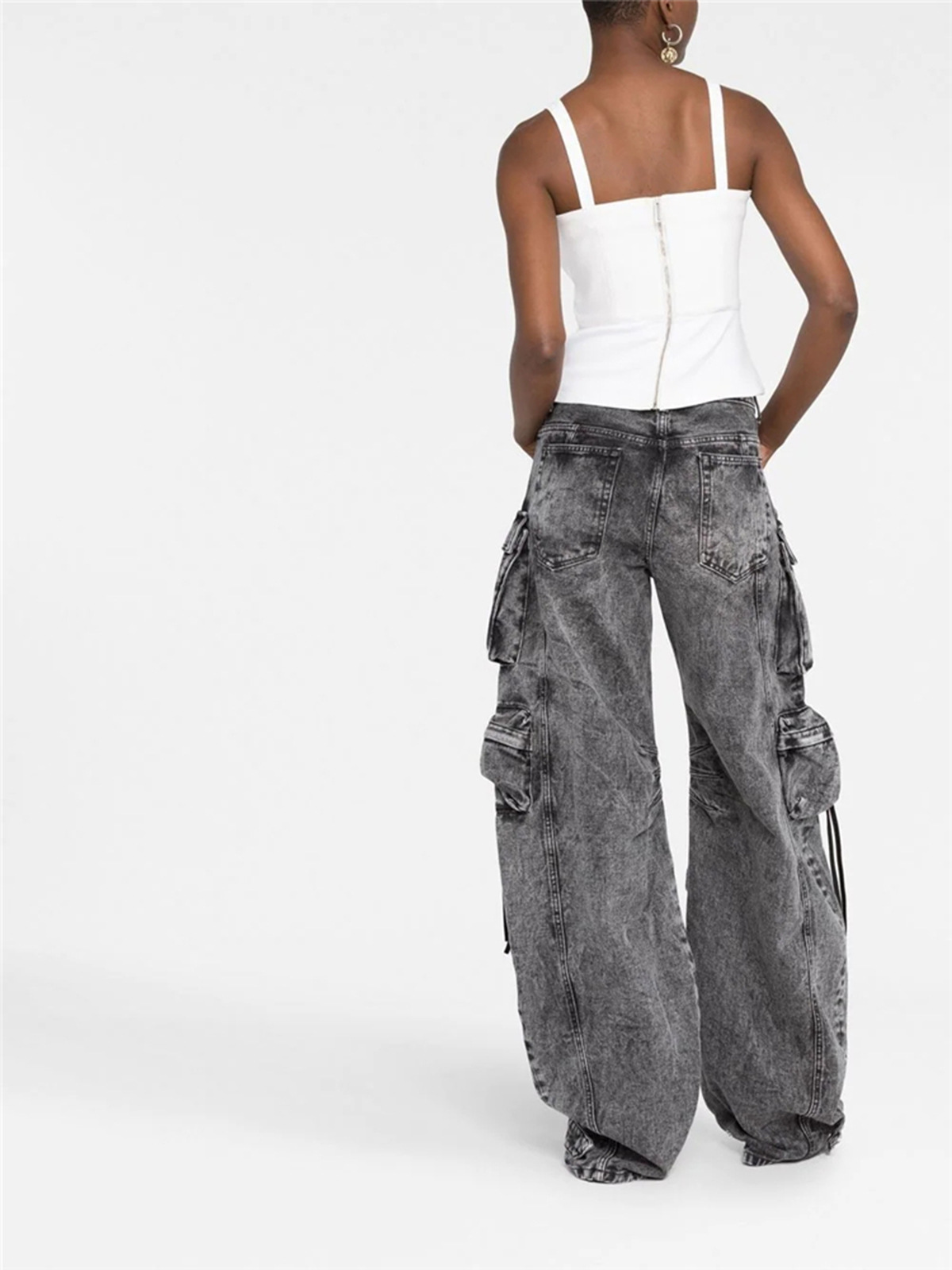 Versatile wear and overalls, multi-pocket wash water to make old wide-leg pants