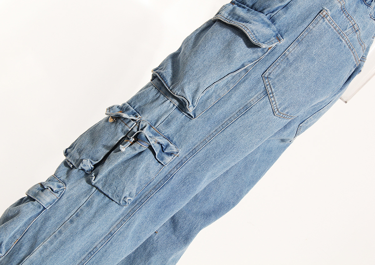 Versatile wear and overalls, multi-pocket wash water to make old wide-leg pants