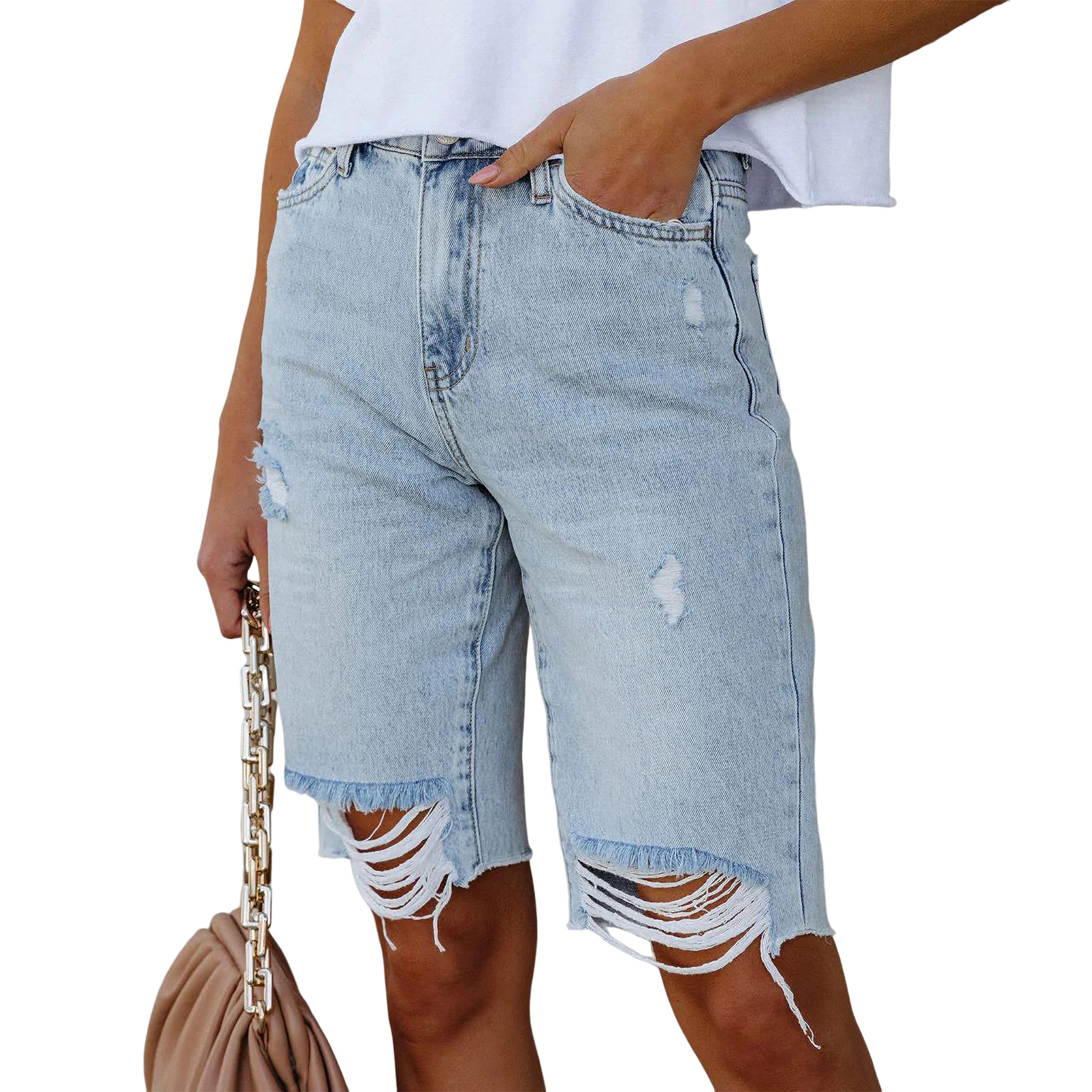 High-stretch shorts with small legs, mid-waisted quarter pants ripped jeans