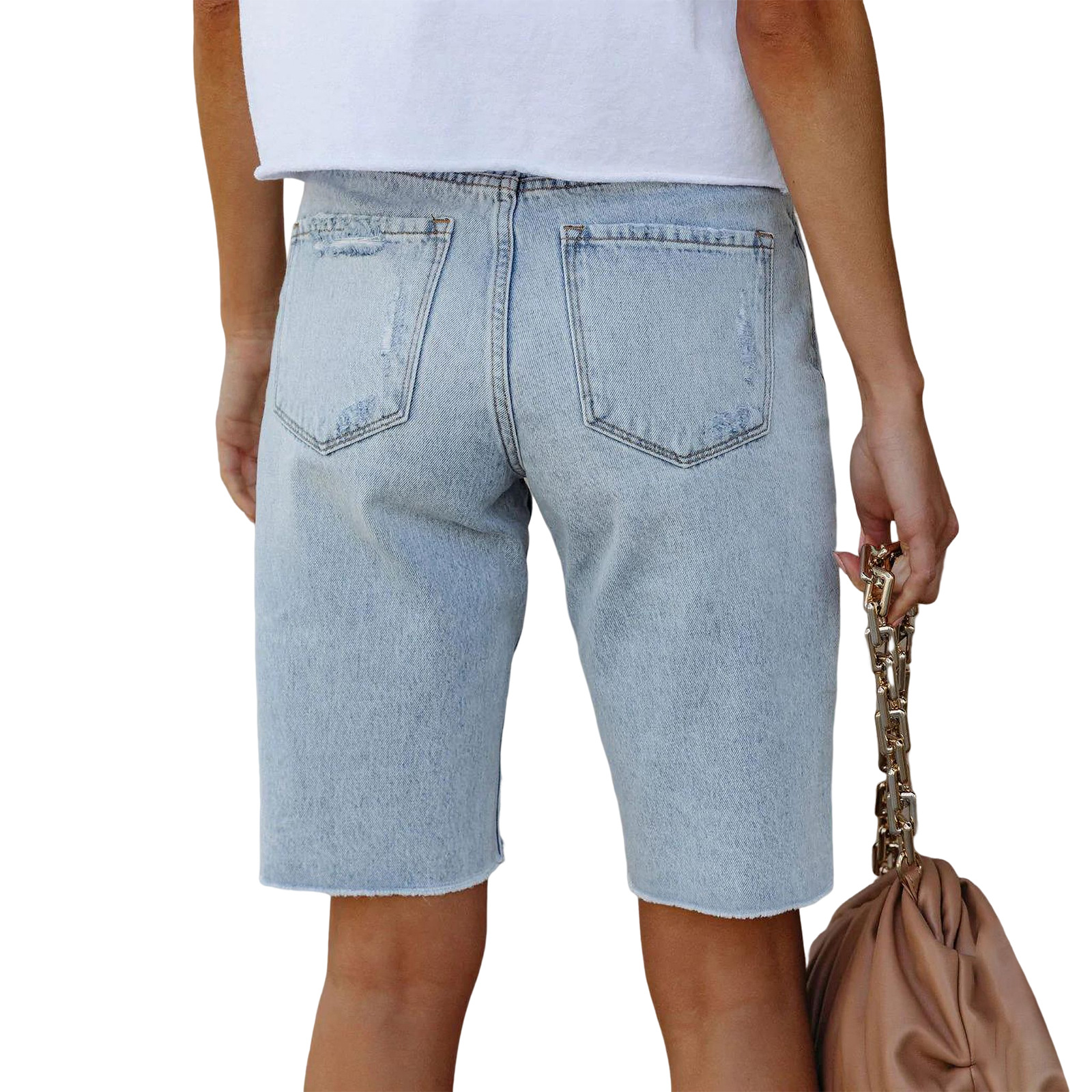 High-stretch shorts with small legs, mid-waisted quarter pants ripped jeans