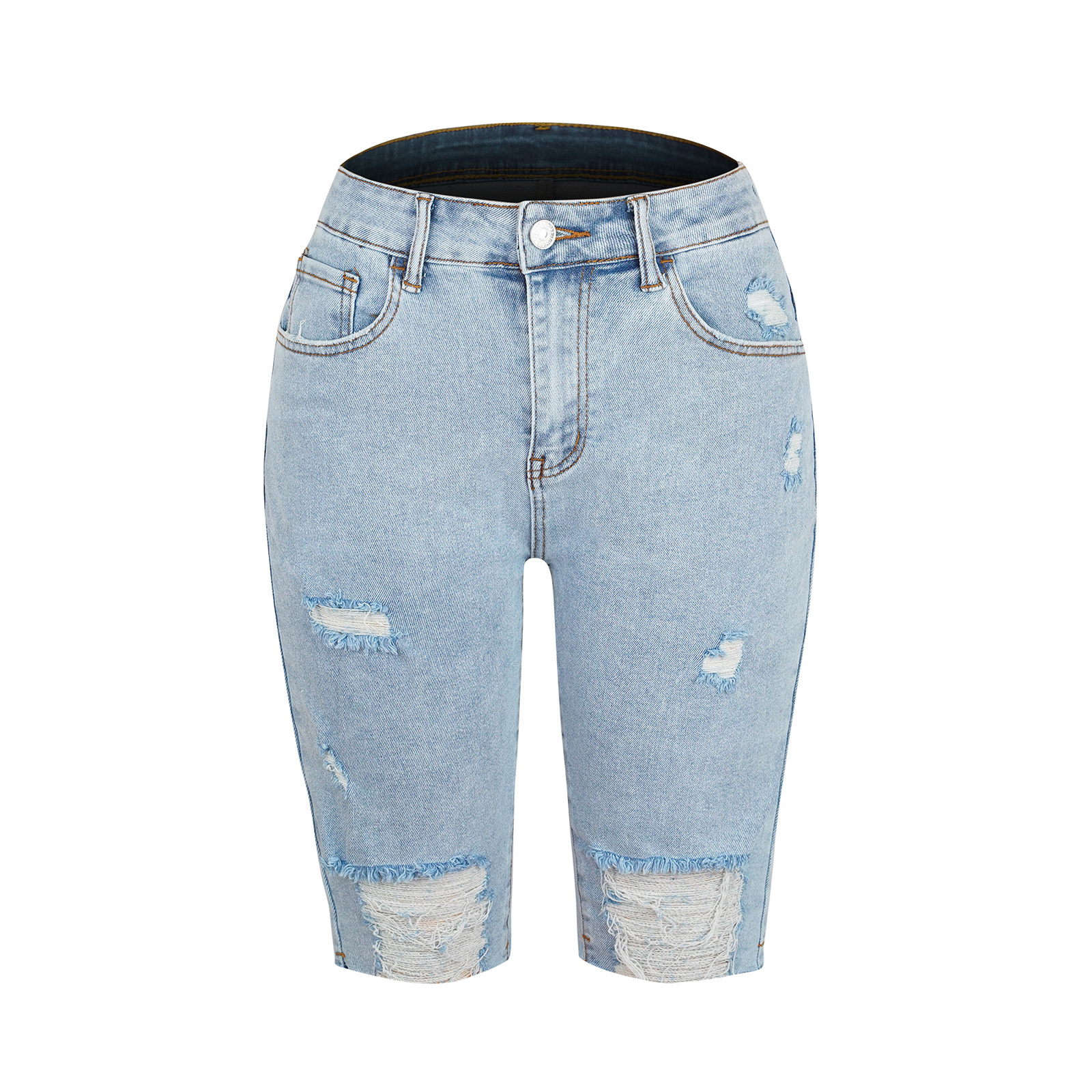 High-stretch shorts with small legs, mid-waisted quarter pants ripped jeans