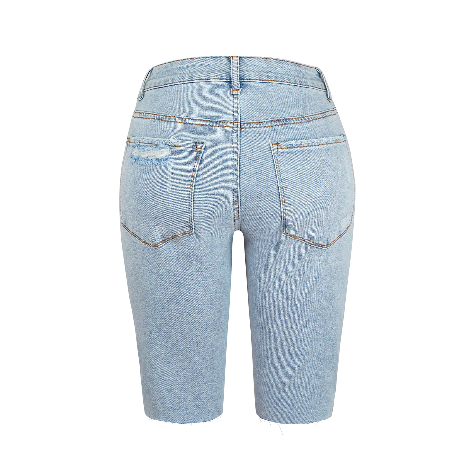 High-stretch shorts with small legs, mid-waisted quarter pants ripped jeans