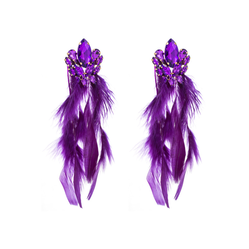 Alloy diamond set floral long feather fringe earrings