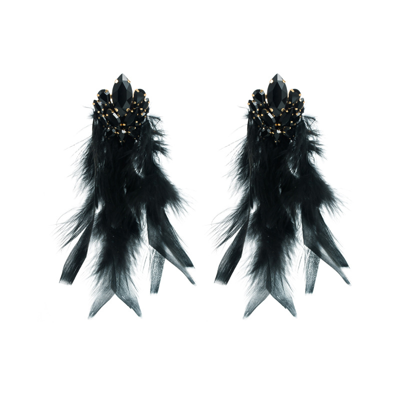 Alloy diamond set floral long feather fringe earrings