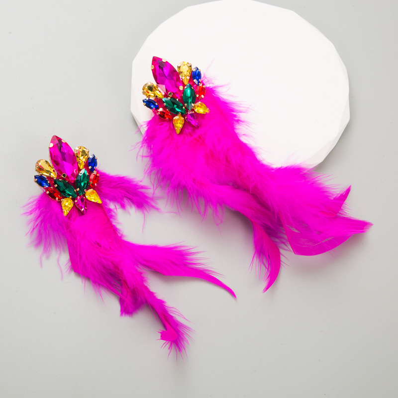 Alloy diamond set floral long feather fringe earrings