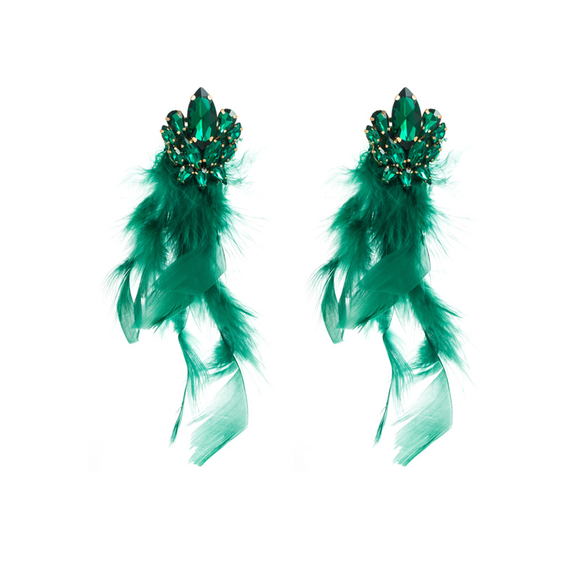 Alloy diamond set floral long feather fringe earrings