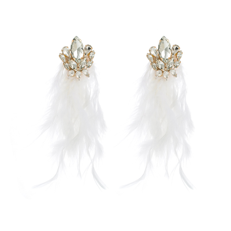 Alloy diamond set floral long feather fringe earrings