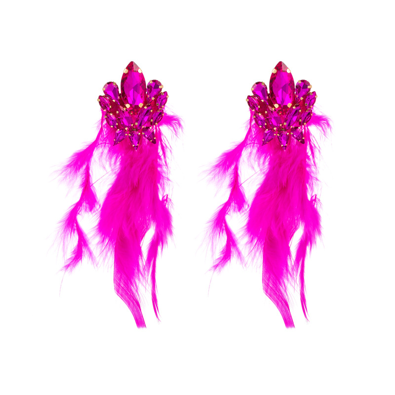 Alloy diamond set floral long feather fringe earrings