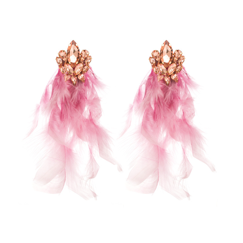 Alloy diamond set floral long feather fringe earrings