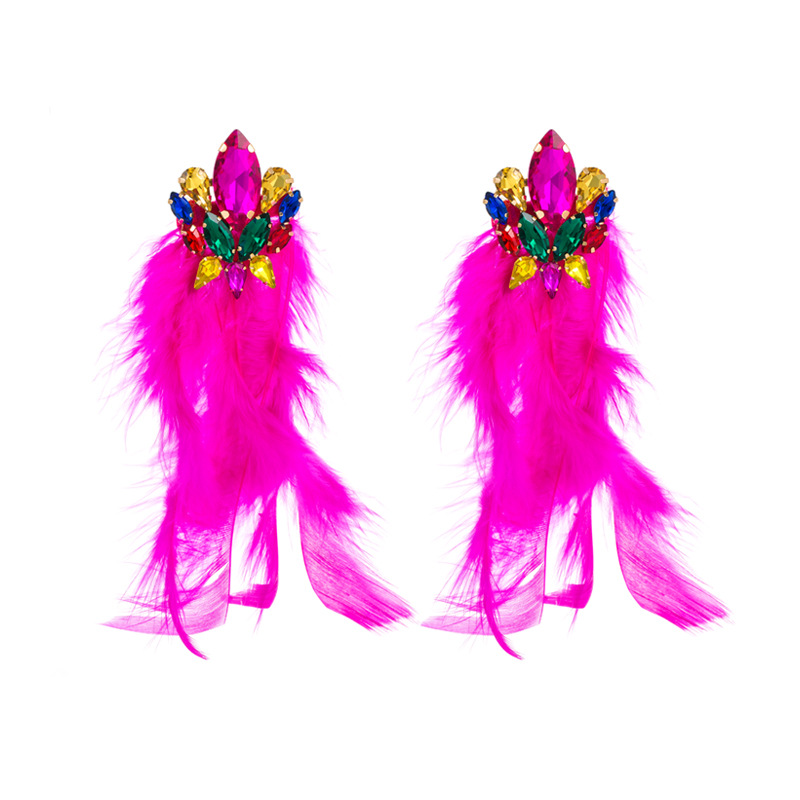 Alloy diamond set floral long feather fringe earrings