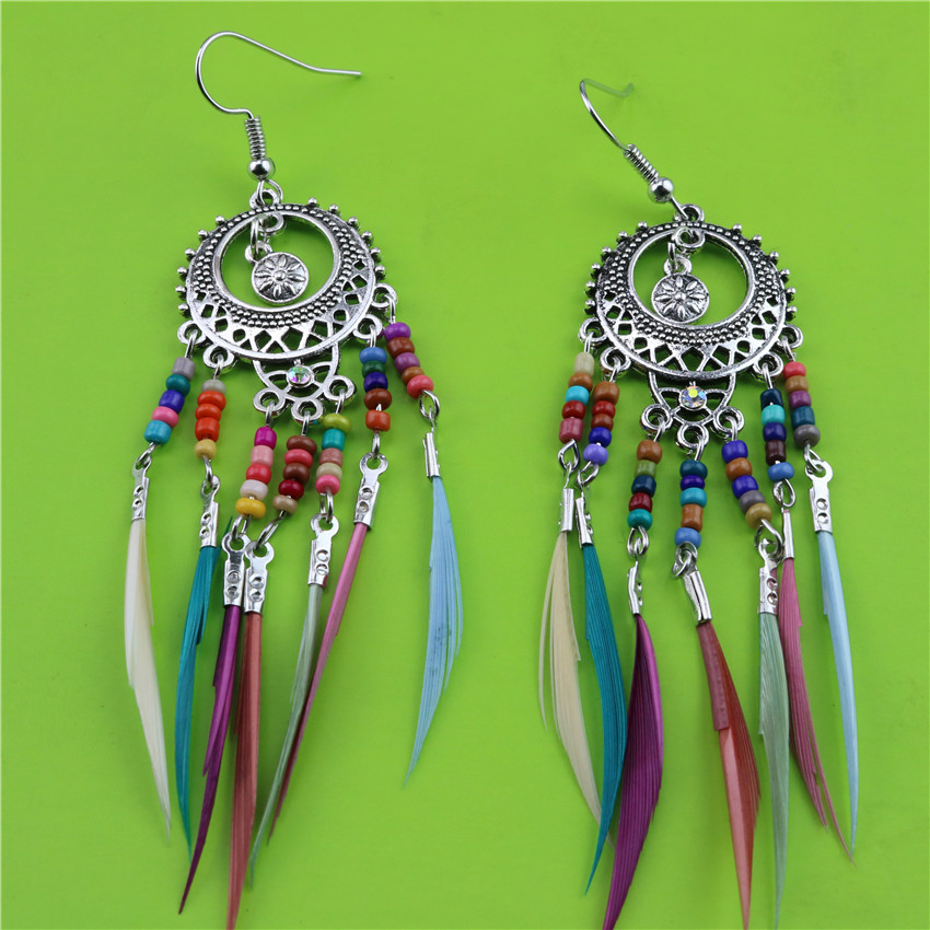 Bohemian vintage cutout multicoloured rice beads feather tassel earrings