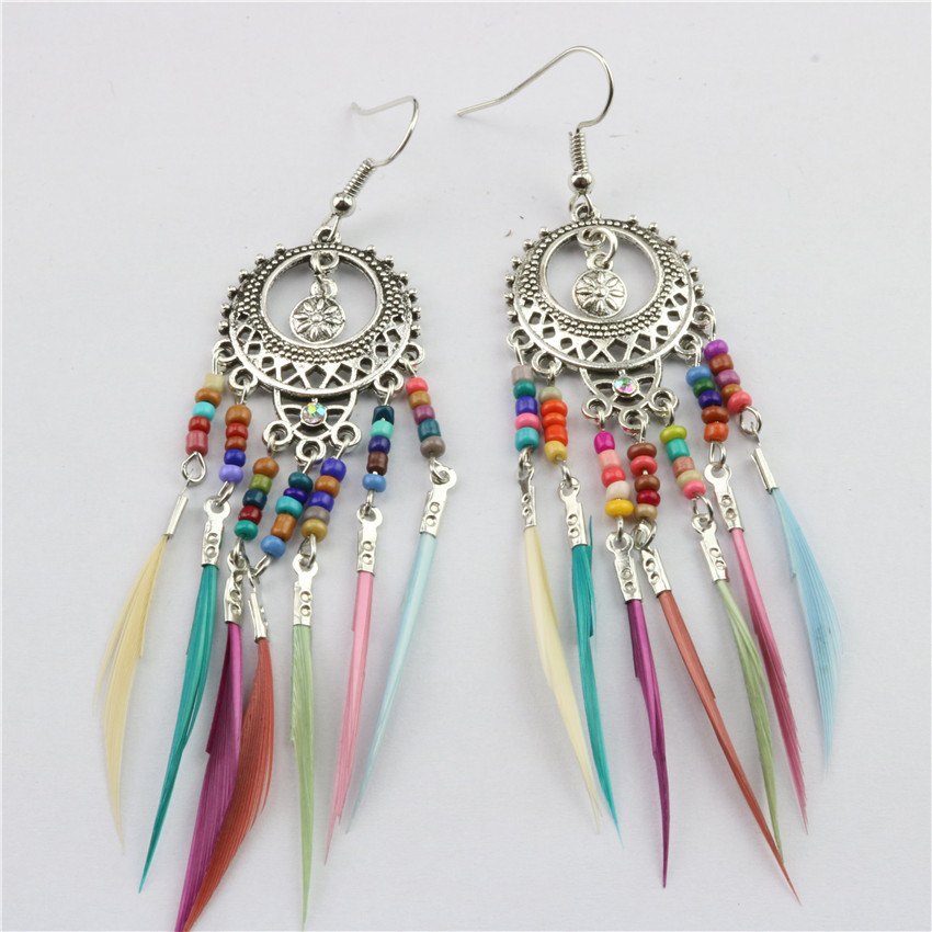 Bohemian vintage cutout multicoloured rice beads feather tassel earrings