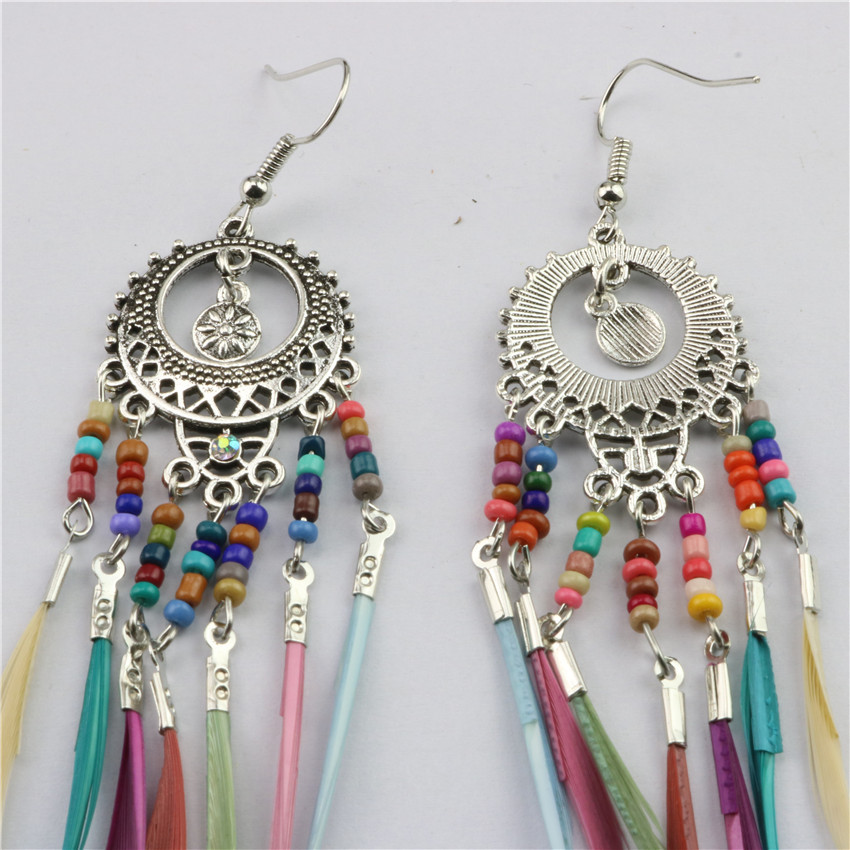 Bohemian vintage cutout multicoloured rice beads feather tassel earrings