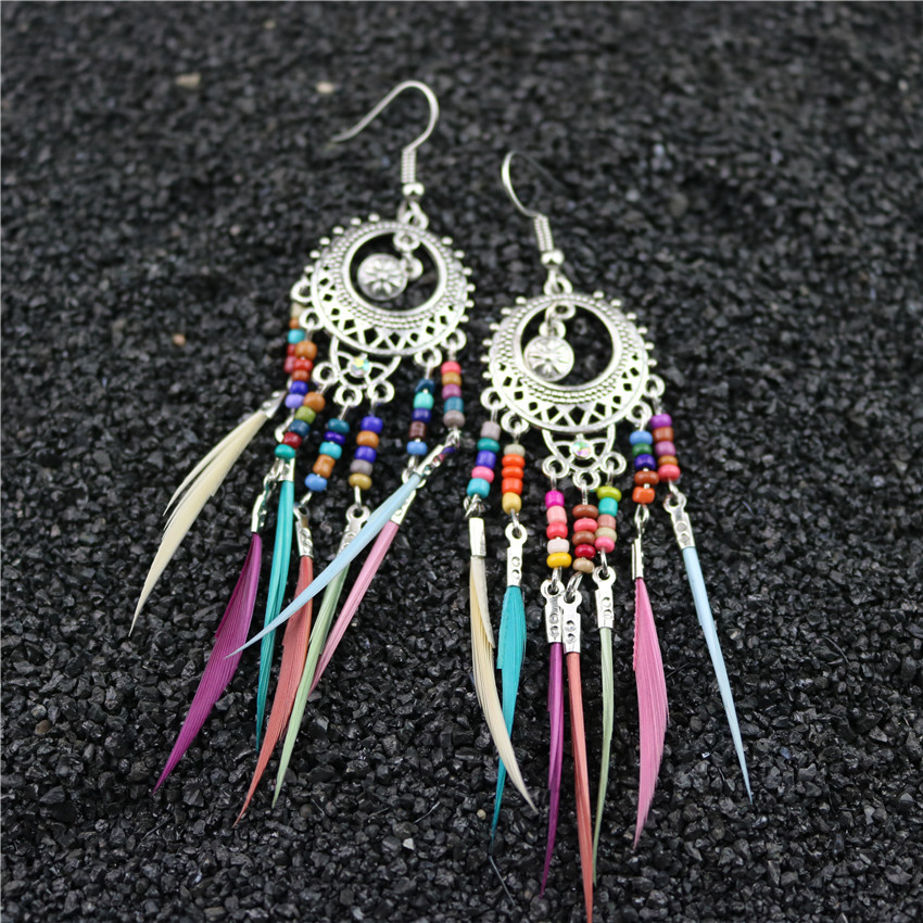 Bohemian vintage cutout multicoloured rice beads feather tassel earrings