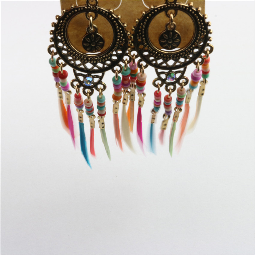Bohemian vintage cutout multicoloured rice beads feather tassel earrings