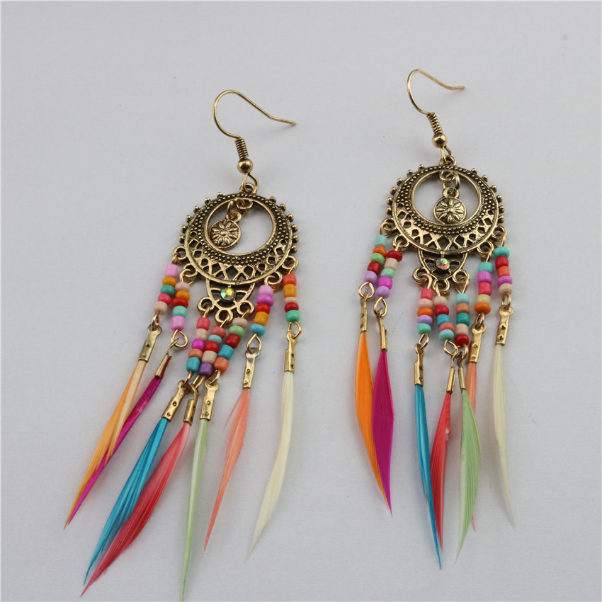 Bohemian vintage cutout multicoloured rice beads feather tassel earrings