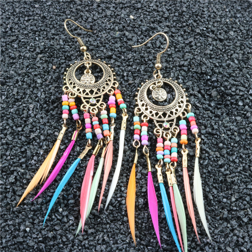 Bohemian vintage cutout multicoloured rice beads feather tassel earrings