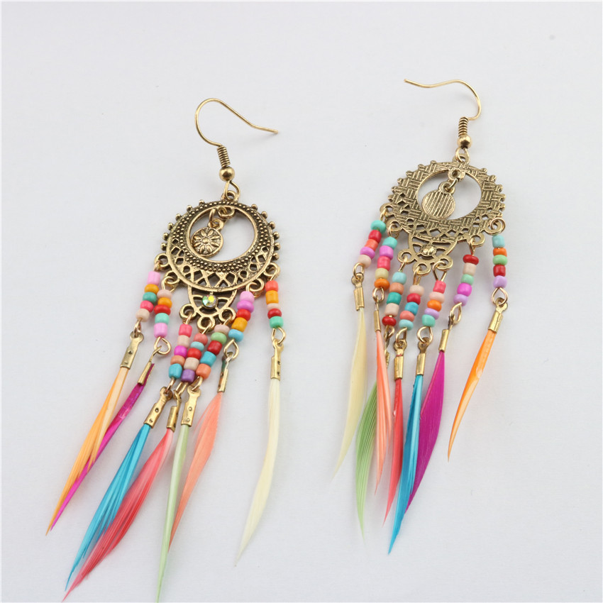 Bohemian vintage cutout multicoloured rice beads feather tassel earrings