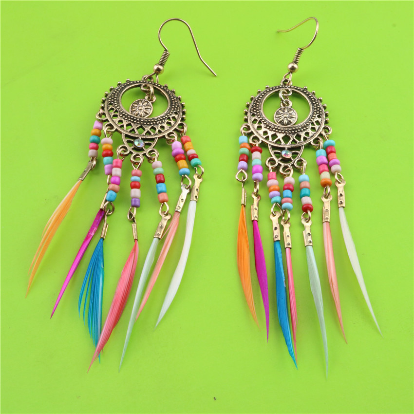 Bohemian vintage cutout multicoloured rice beads feather tassel earrings