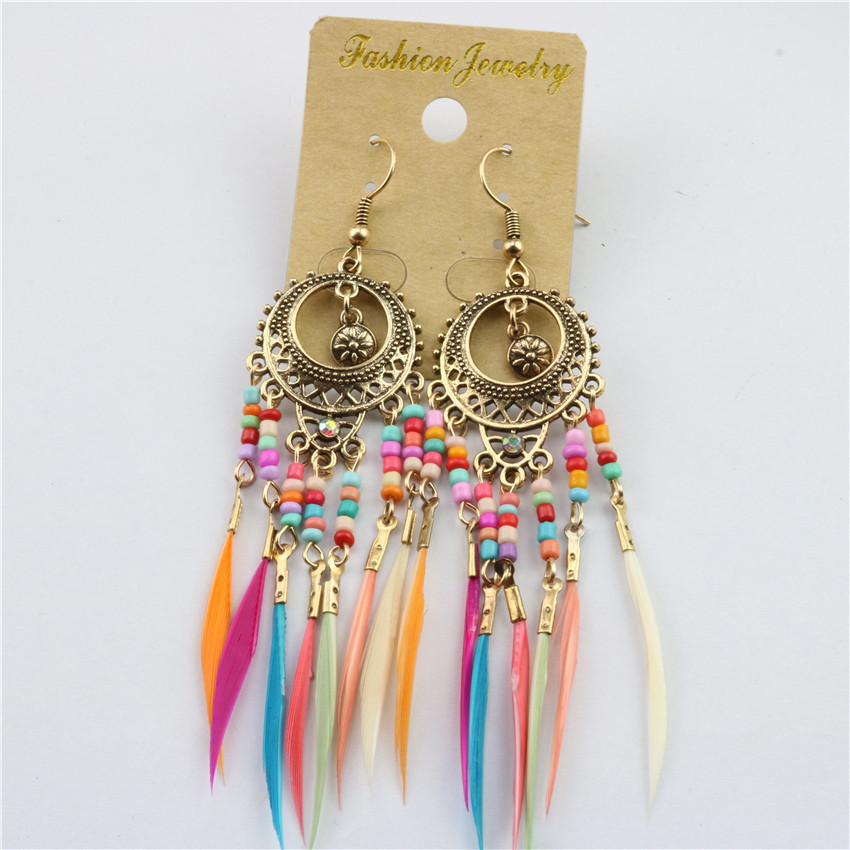 Bohemian vintage cutout multicoloured rice beads feather tassel earrings