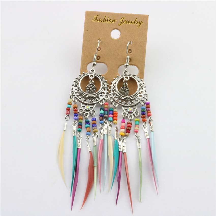 Bohemian vintage cutout multicoloured rice beads feather tassel earrings