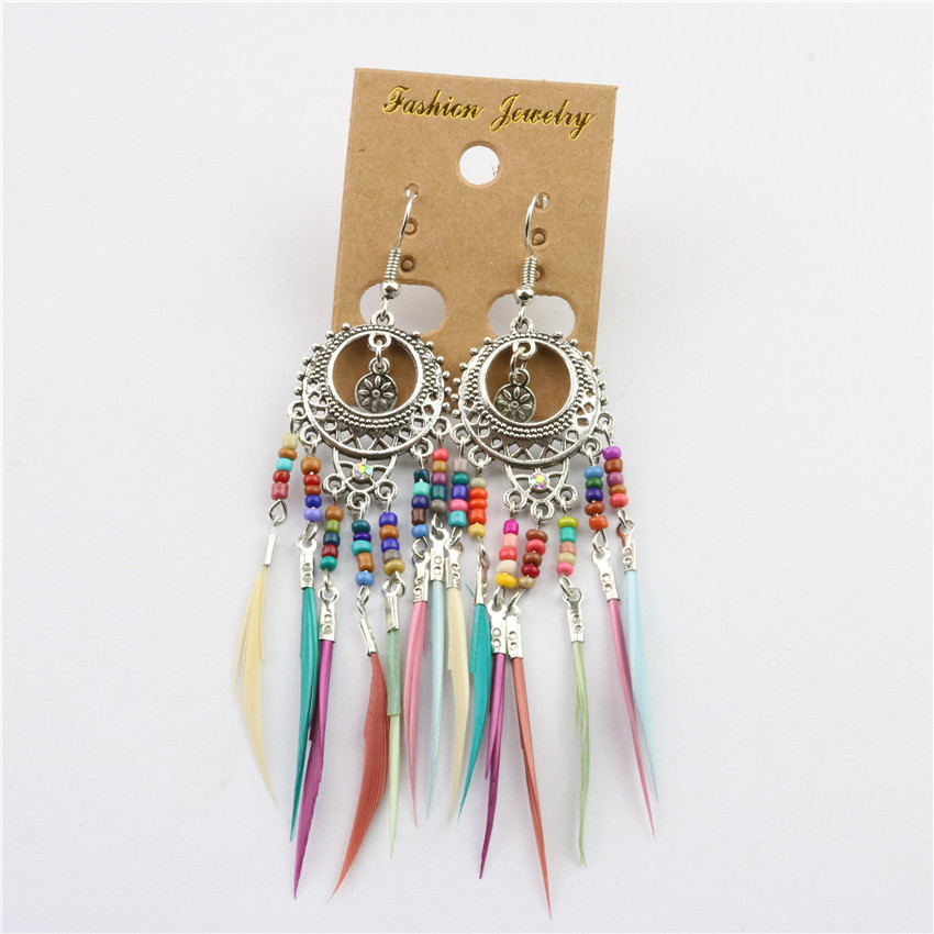 Bohemian vintage cutout multicoloured rice beads feather tassel earrings