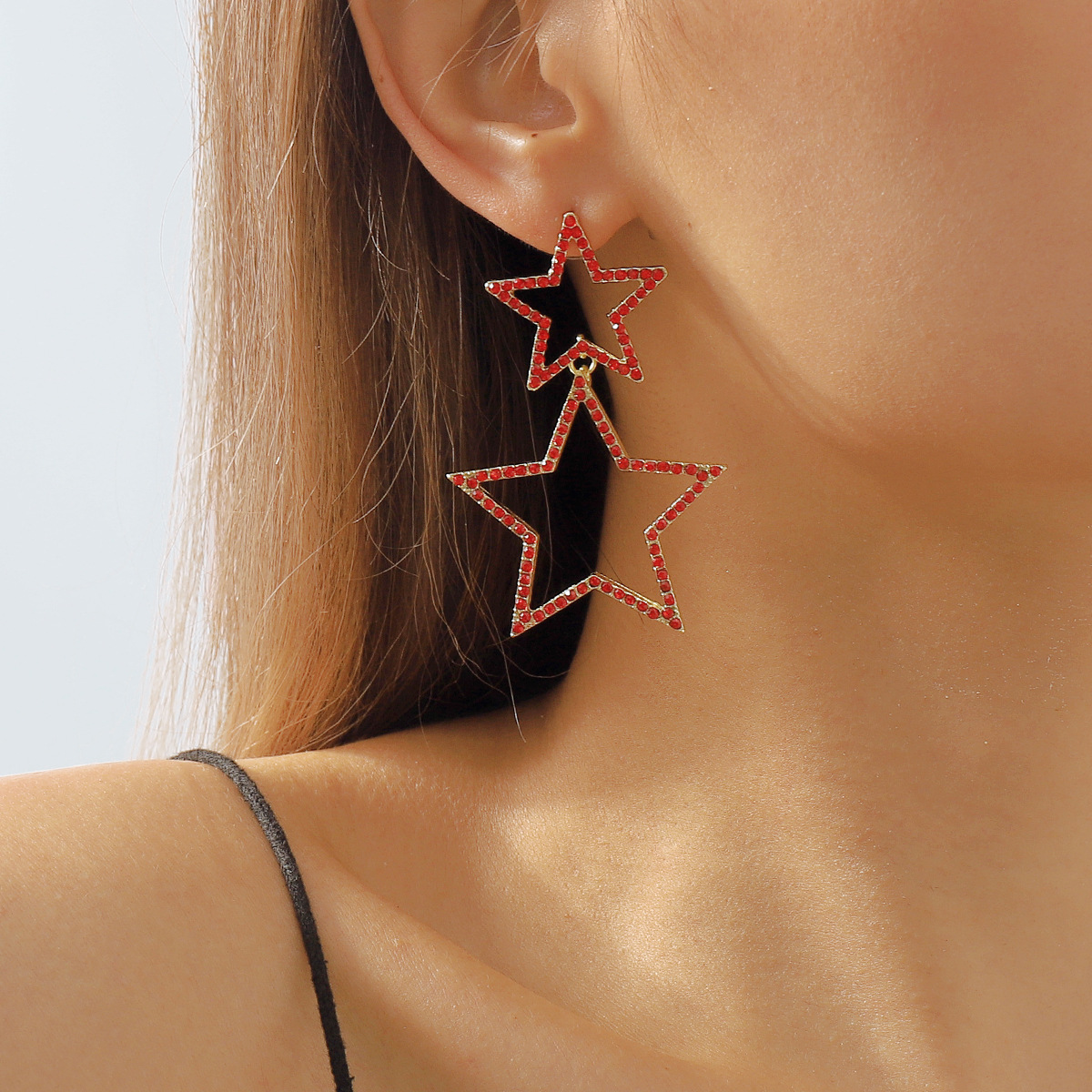 Double rhinestone earrings with five-pointed star