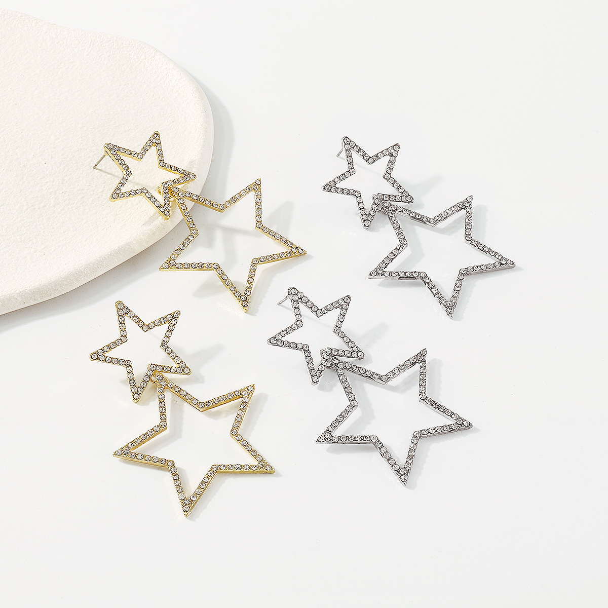 Double rhinestone earrings with five-pointed star