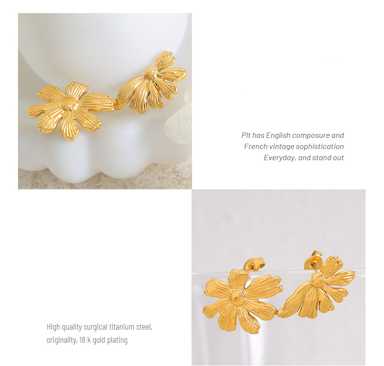 French retro gold flower earrings asymmetrical design