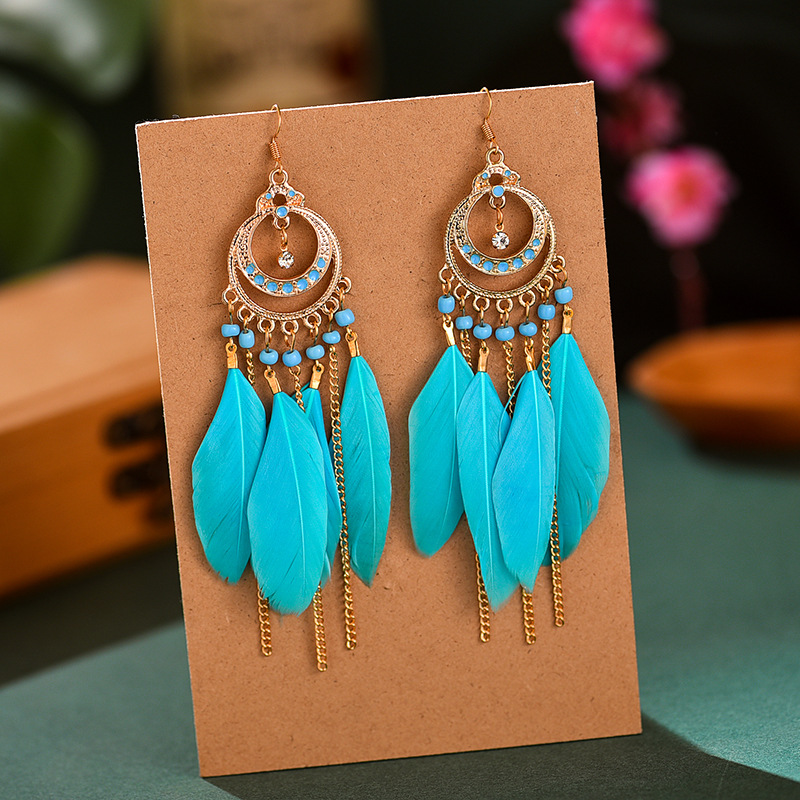Long Bohemian fringe feather earrings