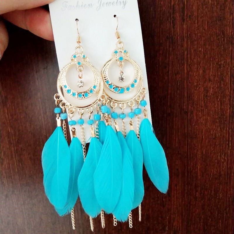Long Bohemian fringe feather earrings