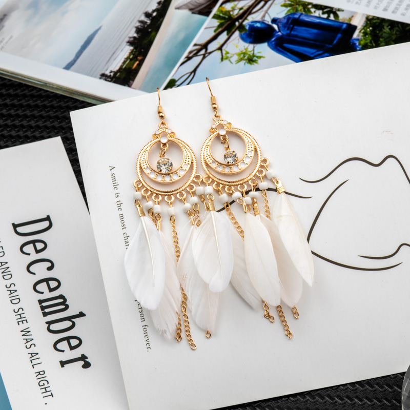 Long Bohemian fringe feather earrings