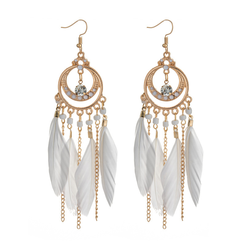 Long Bohemian fringe feather earrings