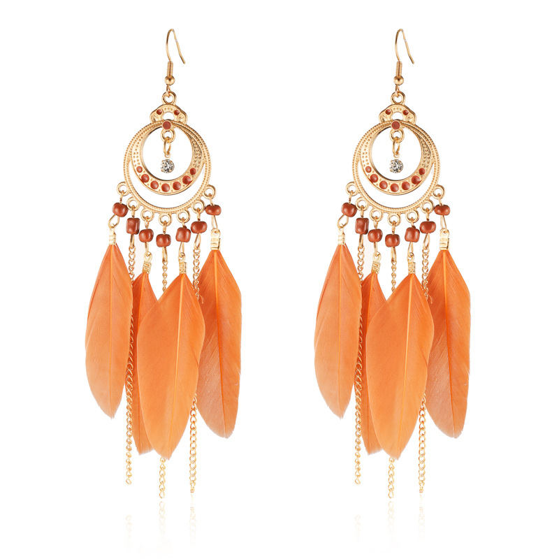 Long Bohemian fringe feather earrings