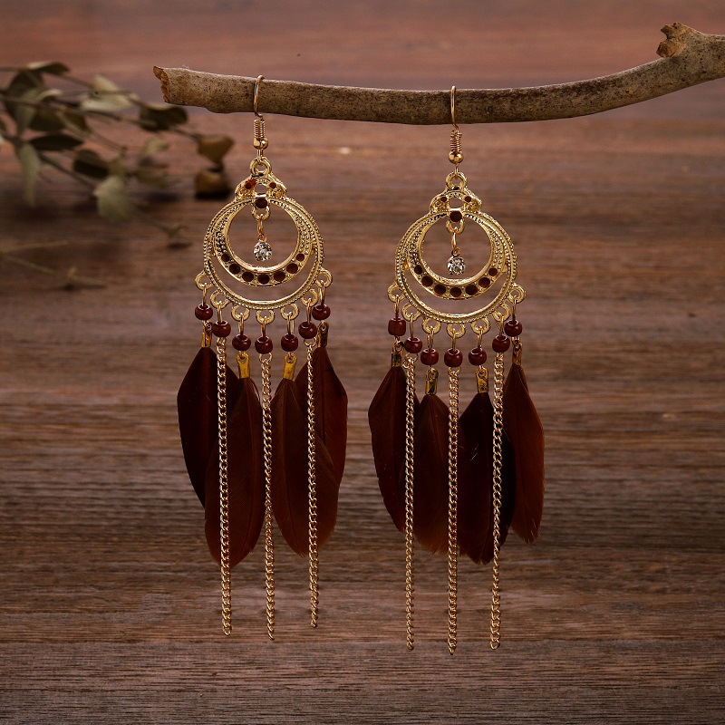 Long Bohemian fringe feather earrings