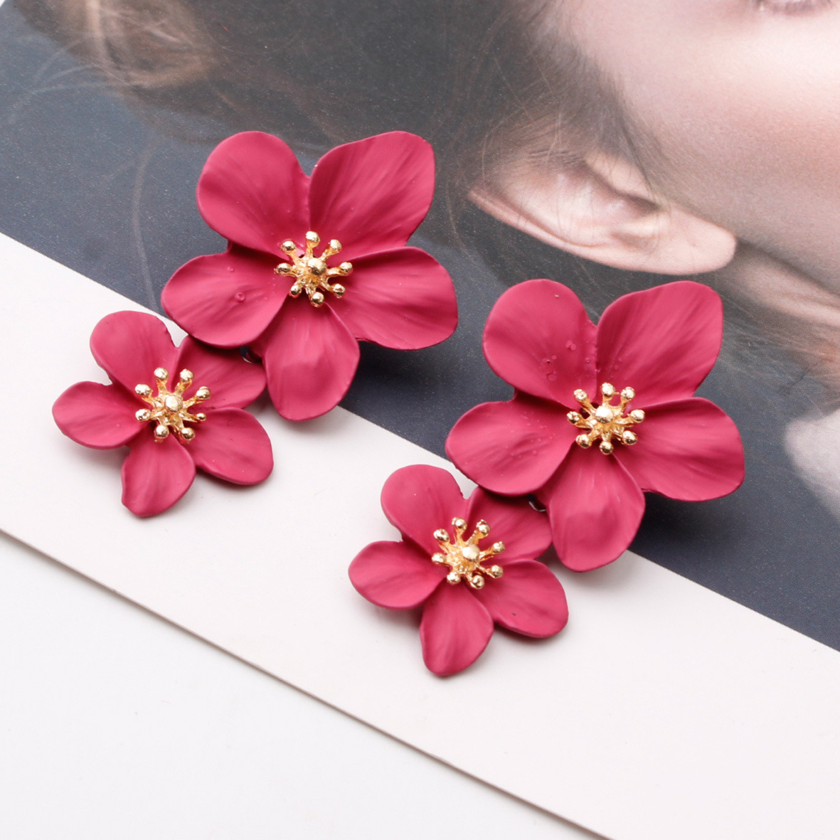 Multicolor double-layer flower studs simple sweet earrings