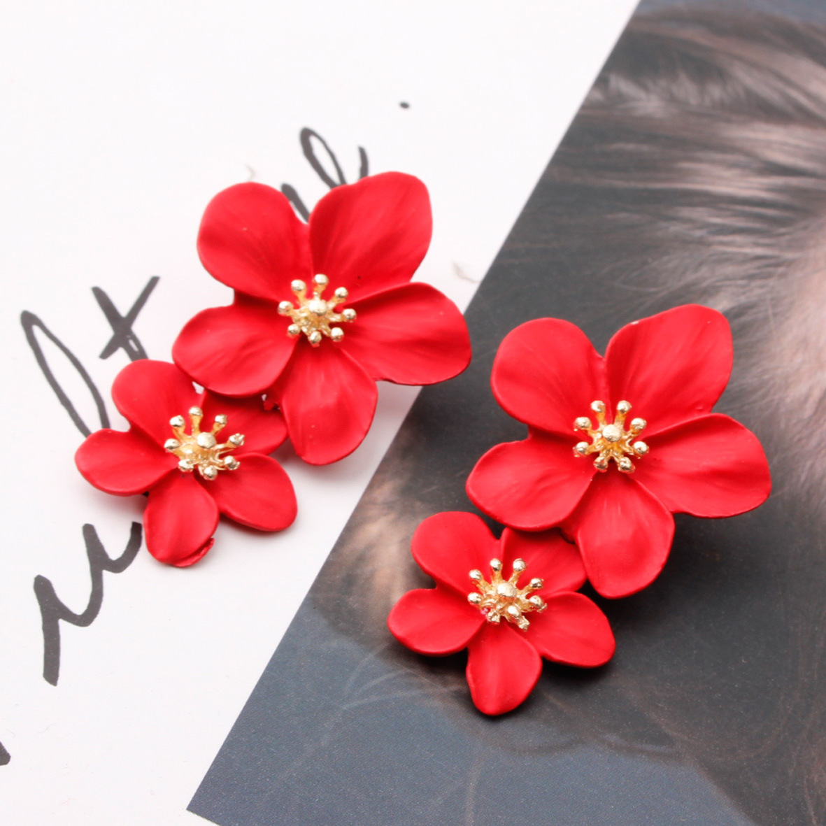 Multicolor double-layer flower studs simple sweet earrings