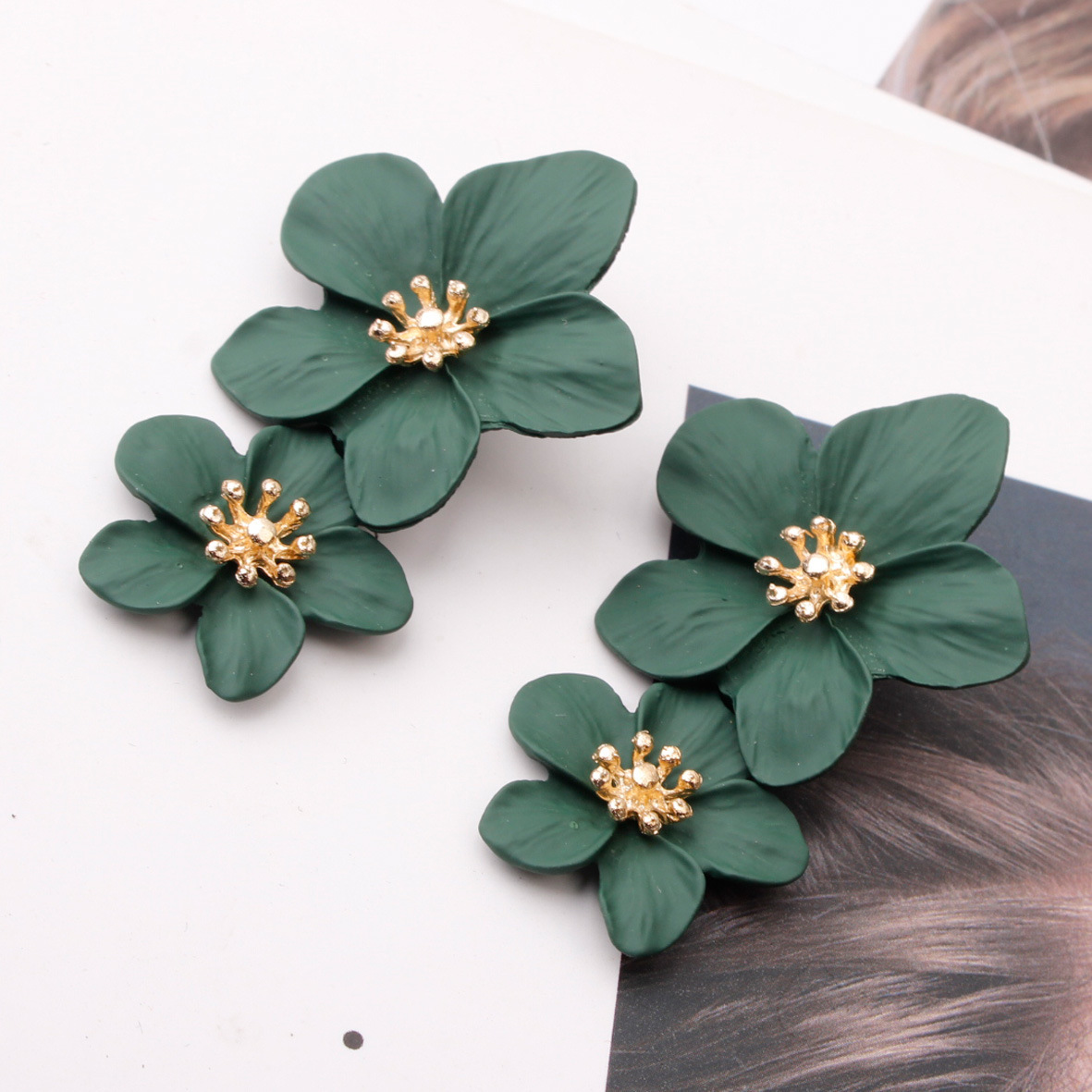 Multicolor double-layer flower studs simple sweet earrings