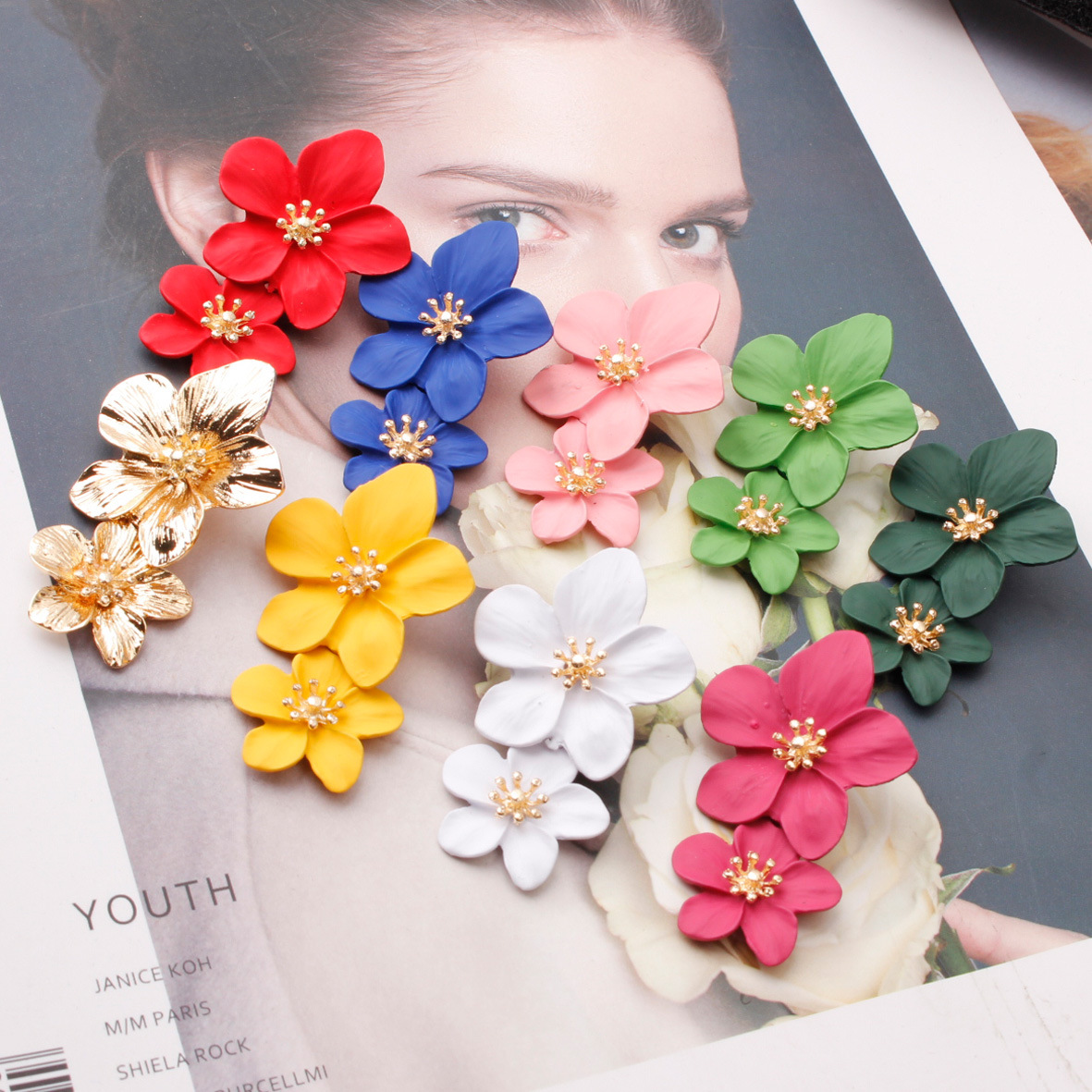 Multicolor double-layer flower studs simple sweet earrings