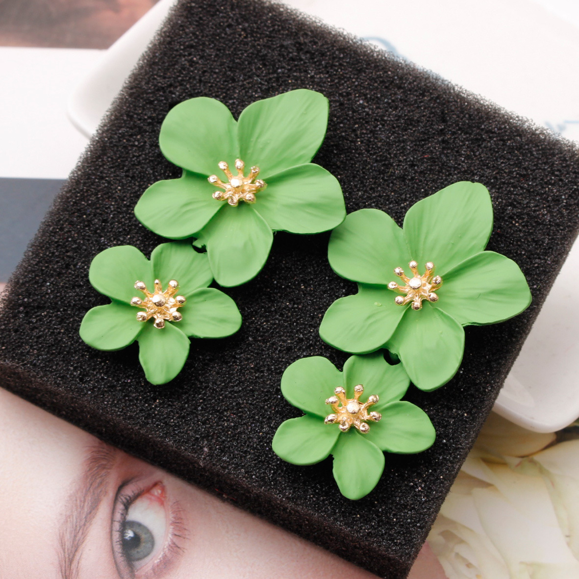 Multicolor double-layer flower studs simple sweet earrings