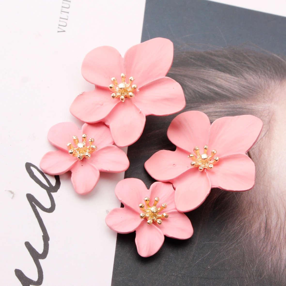 Multicolor double-layer flower studs simple sweet earrings