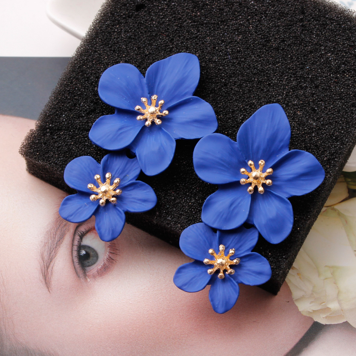 Multicolor double-layer flower studs simple sweet earrings