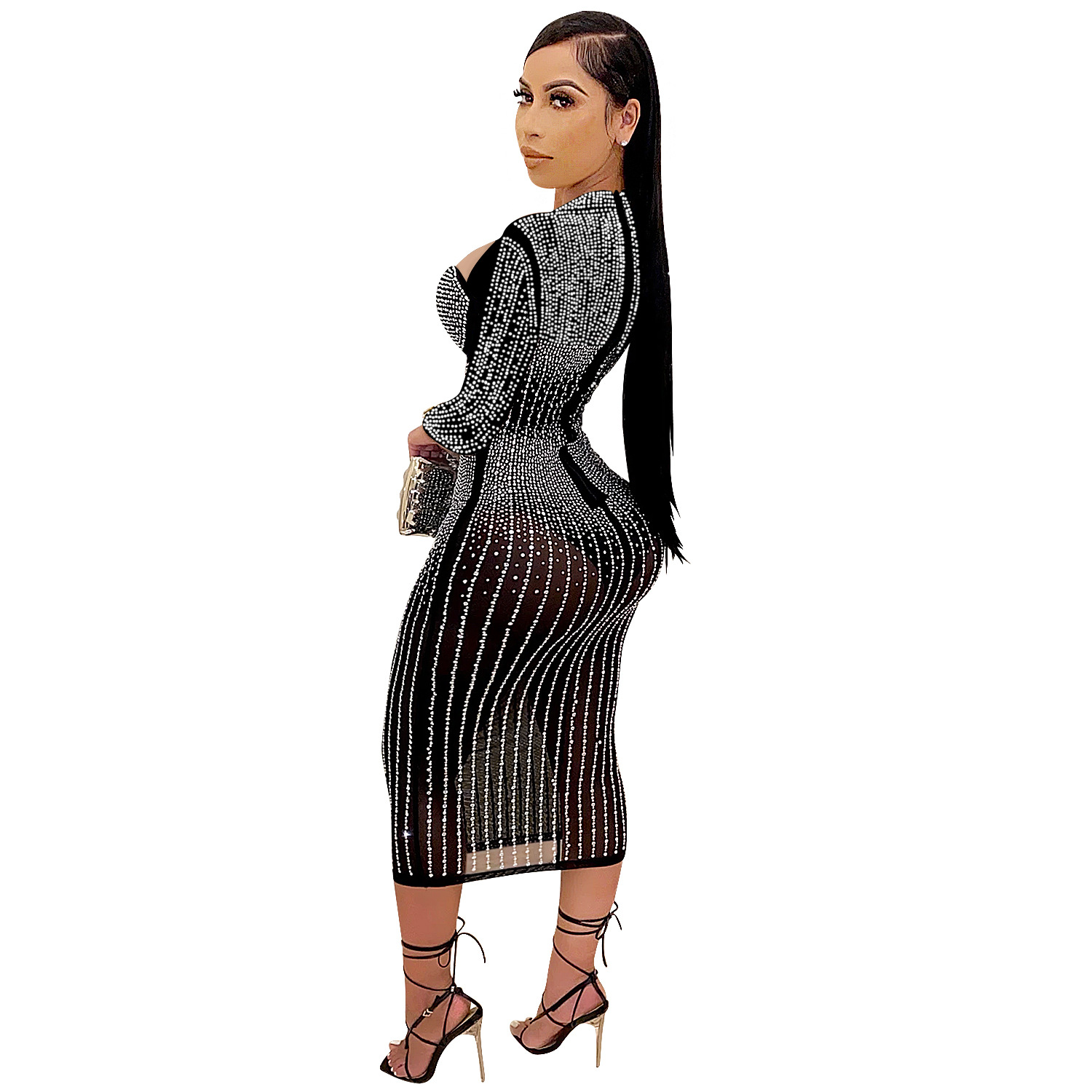 Women's Mesh See-through Nightclub Hot Diamond Dress