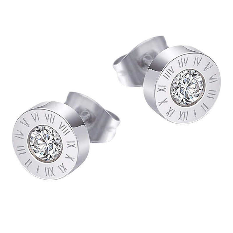 Round diamond set Roman numerals titanium steel earrings