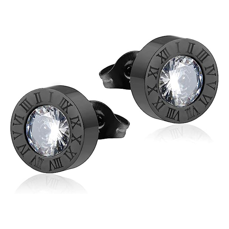Round diamond set Roman numerals titanium steel earrings