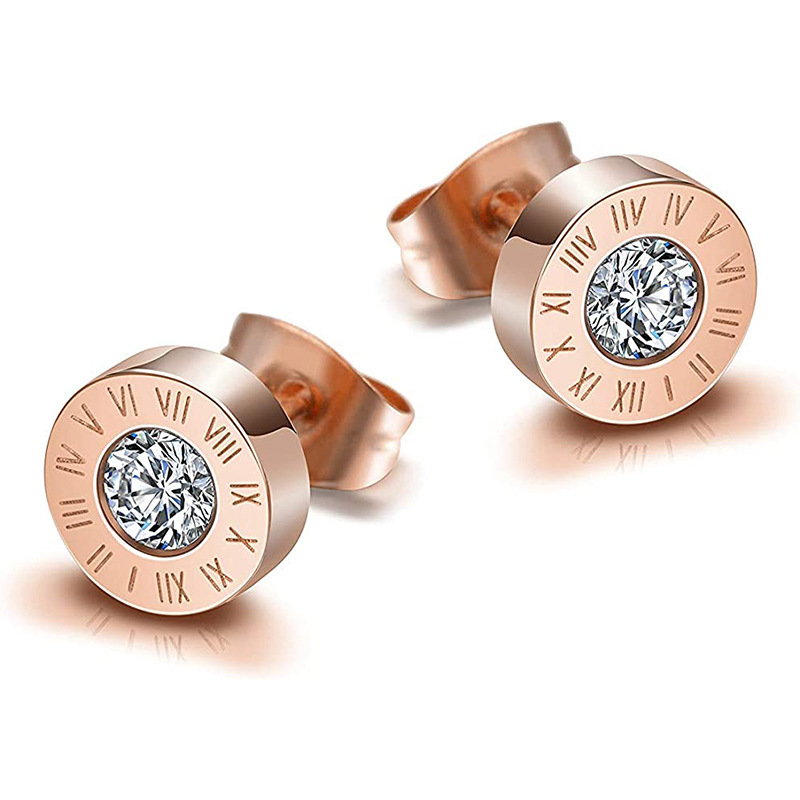 Round diamond set Roman numerals titanium steel earrings