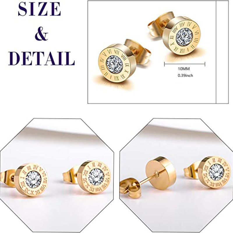 Round diamond set Roman numerals titanium steel earrings