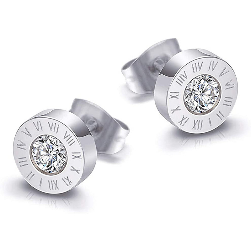 Round diamond set Roman numerals titanium steel earrings
