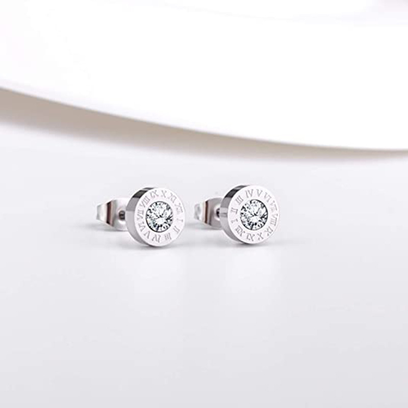 Round diamond set Roman numerals titanium steel earrings